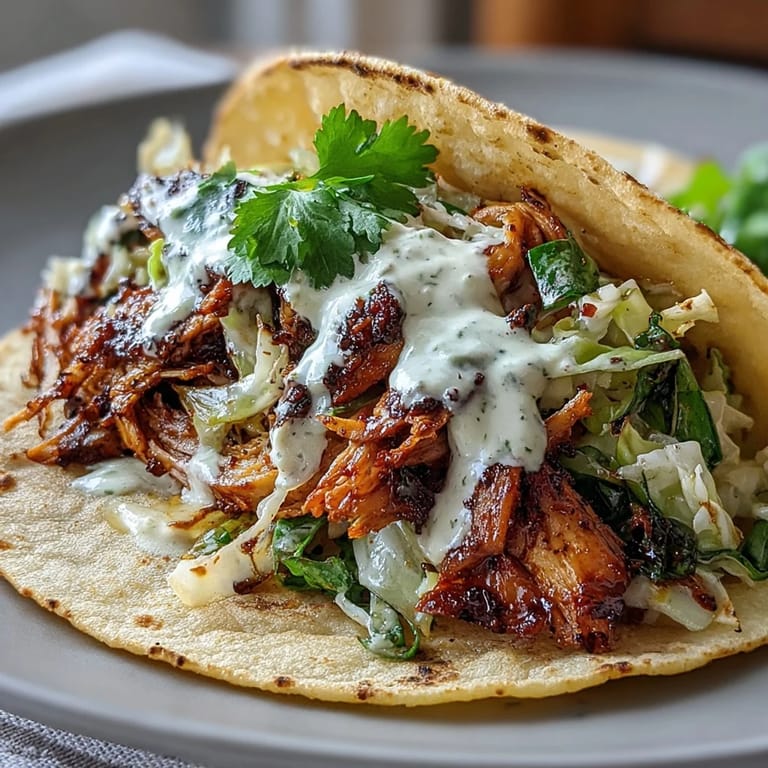 Fresh, light tacos featuring tender roasted chicken, vibrant cabbage slaw, and zesty lemon crema drizzle.