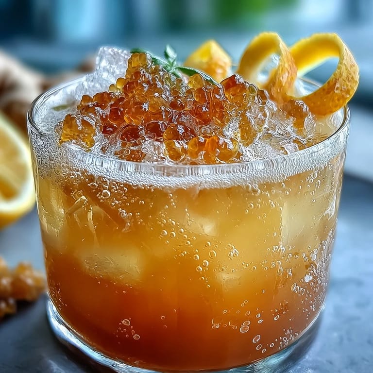 Homemade ginger prebiotic lemonade served over ice, showcasing the vibrant golden hue and zesty citrus aroma.
