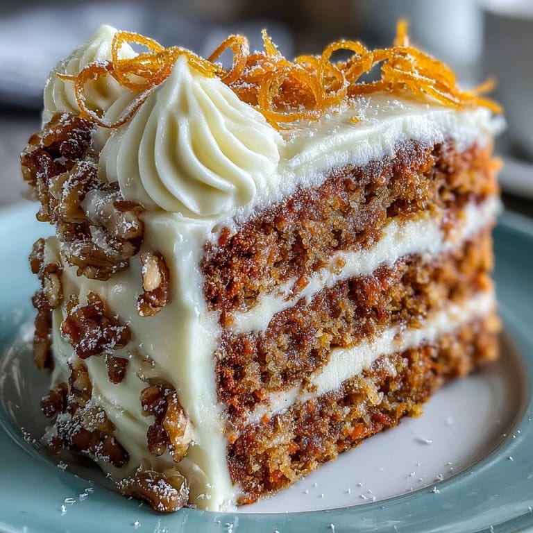 Classic Easter dessert featuring tender carrot cake layers, rich cream cheese frosting, and decorative candied carrot curls for a festive spring treat.