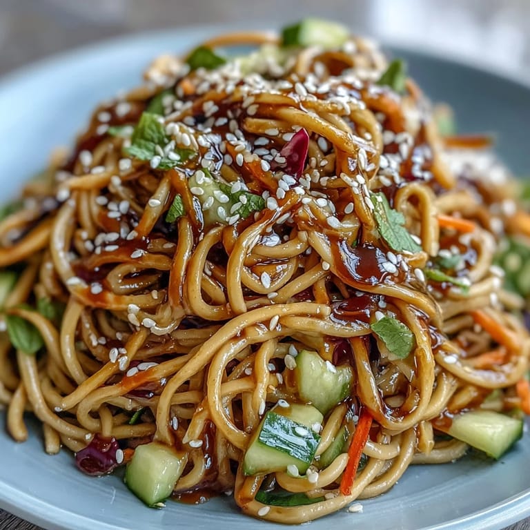 Refreshing cold soba noodle salad with crunchy vegetables and creamy sesame ginger dressing, garnished with cilantro.