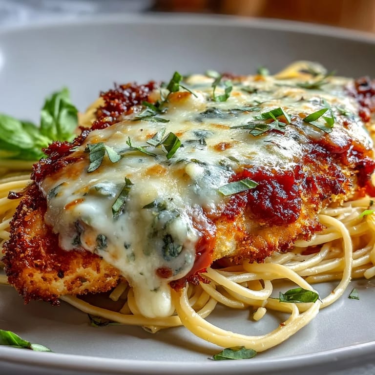 Air fryer chicken parmesan featuring juicy breaded chicken topped with rich marinara and bubbling cheese, garnished with fresh basil leaves.  