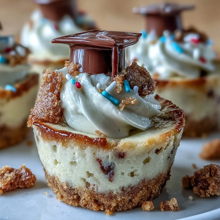 Miniature graduation party cheesecake bites baked in a mini muffin pan, featuring smooth cream cheese filling and optional chocolate cap decorations.