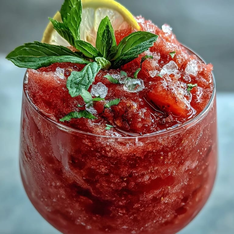 Refreshing frozen strawberry lemonade slushie served with mint garnish, featuring a frosty texture and bright citrus aroma.  