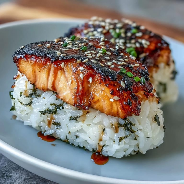 Golden-brown grilled salmon onigiri featuring tender rice and flaky fish, wrapped in nori for authentic Japanese flavor.