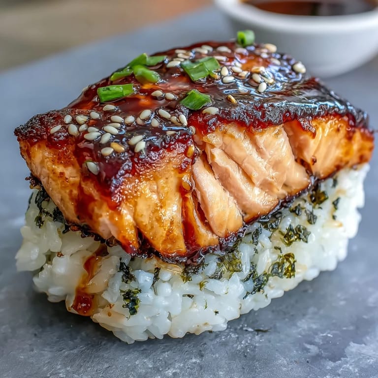 Warm Japanese rice balls stuffed with succulent grilled salmon, lightly charred and sprinkled with sesame seeds for added crunch.
