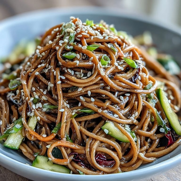 Vibrant soba noodle salad tossed with colorful vegetables and drizzled with tangy sesame ginger dressing.  