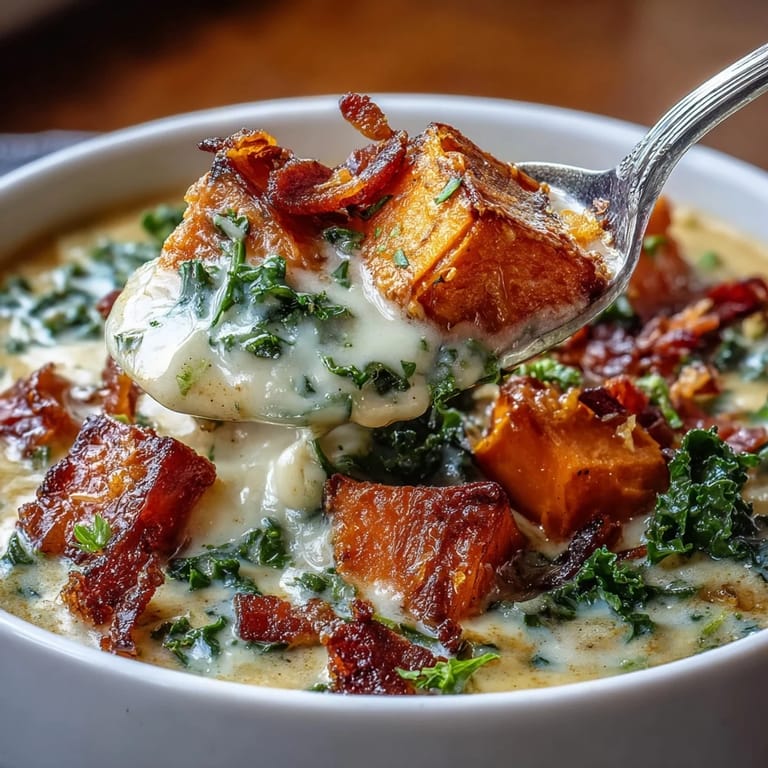 Hearty bowl of sweet potato chowder topped with crunchy pancetta and fresh kale.  