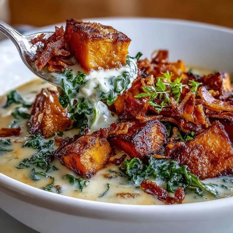Rich and smoky sweet potato chowder, blended until creamy with pancetta and kale.