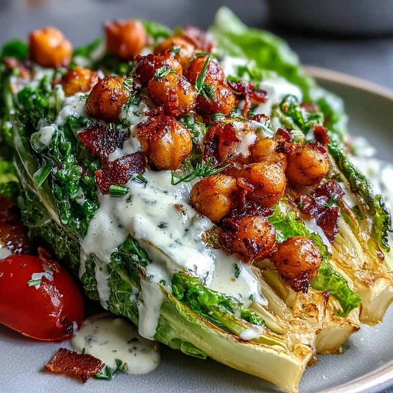 A healthy Vegan Caesar Salad with crunchy, seasoned chickpea croutons.