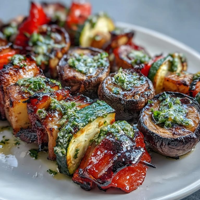 Colorful garden vegetables grilled expertly, finished with a bright chimichurri sauce.