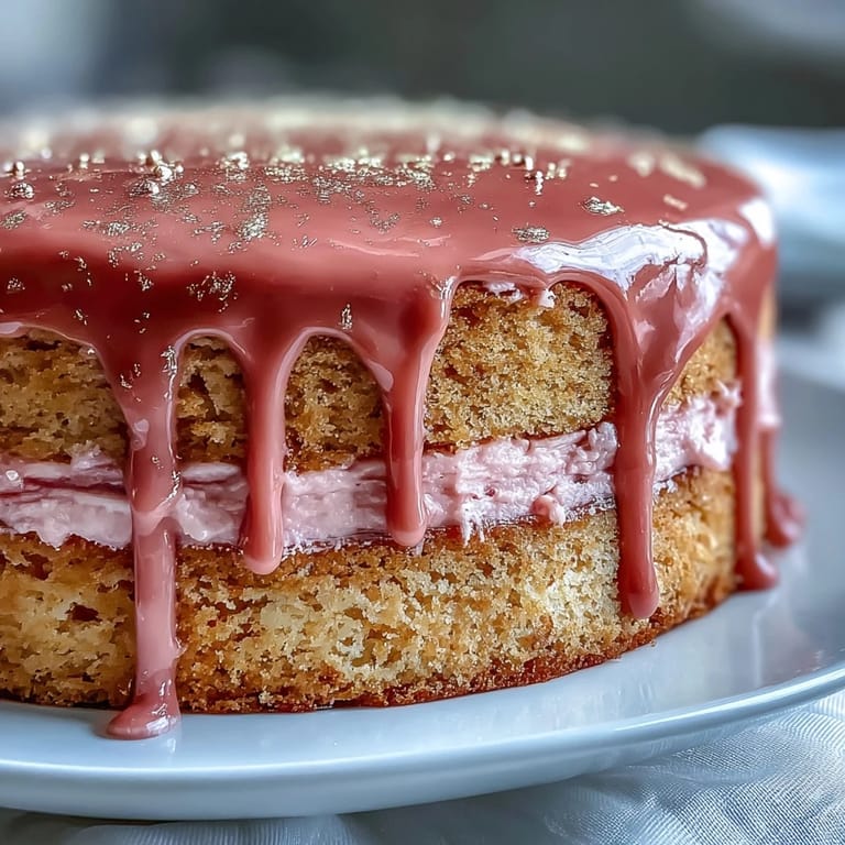 Blush pink Rosé Velvet Cake, elegantly draped with a molten gold shimmer.
