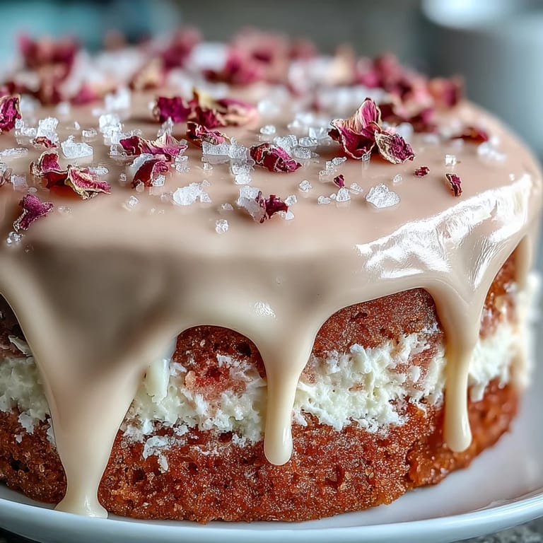 Decadent pink velvet cake, kissed with rosé and drizzled with chic gold.