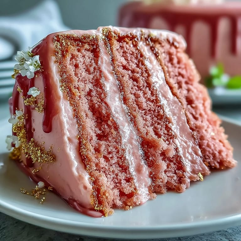 Glistening Bridal Shower Rosé Velvet Cake, frosted and decadently adorned with gold.