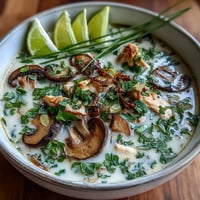 Golden creamy Tom Kha Soup with tender chicken slices, sliced mushrooms, and fresh cilantro garnish, steaming in a rustic bowl.