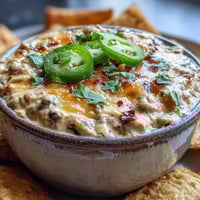 Golden bubbling Hot Black-Eyed Pea Dip with jalapeño and cumin, served warm with sturdy tortilla chips.