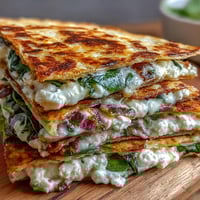 Golden-brown Mediterranean quesadillas stuffed with spinach, feta, mozzarella, and red onion, sliced into wedges and served on a rustic plate.