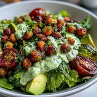 Vibrant Pistachio Green Goddess Salad with crisp greens, creamy avocado, and crunchy roasted chickpeas, all tossed in a fresh herb-pistachio dressing.