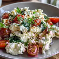 Cottage cheese egg scramble with veggies, a protein-packed breakfast with fluffy eggs and sautéed bell peppers.  