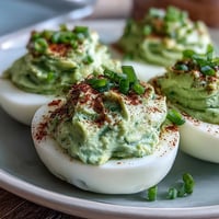 Green deviled eggs with creamy avocado filling, garnished with smoked paprika and chives. A fresh, vibrant twist on a classic appetizer.  