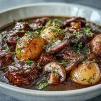 Hearty vegan Irish stew with mushroom meat, root vegetables, and rich broth in a rustic pot.