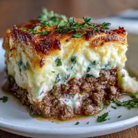 A golden-brown shepherd's pie with cauliflower mash topping, showcasing savory ground meat and vegetable filling beneath creamy, low-carb mash.