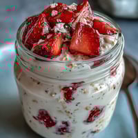 Creamy vanilla protein overnight oats with chia seeds and fresh strawberries, a nourishing breakfast jar perfect for busy mornings.
