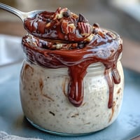 Decadent Peanut Butter Cup Overnight Oats Jar with creamy layers of peanut butter, chocolate, and oats, topped with mini chocolate chips and crushed peanuts.