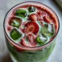 A vibrant dairy-free strawberry matcha iced latte with creamy coconut milk and fresh strawberry purée, perfect for a refreshing summer drink.