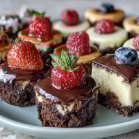 A colorful dessert bar featuring mini brownie bites, lemon cheesecake cups, and fresh fruit tartlets, perfect for housewarming celebrations.