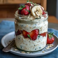 A jar of strawberry banana overnight oats topped with fresh fruit and chia seeds, perfect for a healthy breakfast.  