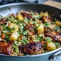 Hawaiian Pineapple Chicken Fried Rice with juicy pineapple and tender chicken in a colorful, tropical dish.  