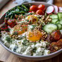 A vibrant cottage cheese breakfast bowl topped with cherry tomatoes, cucumber, and fresh herbs for a protein-rich morning meal.