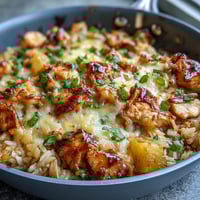 Pineapple Chicken and Rice Casserole with Cheese Top - golden bubbly cheese over savory chicken and sweet pineapple rice.  