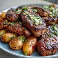 Juicy steak bites seared golden brown and tossed with crispy potatoes in a savory garlic butter sauce.  