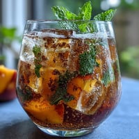 A tall glass of vibrant mango peach iced tea with fresh mint leaves and fruit slices, perfect for a hot summer day.