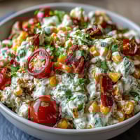 Creamy Corn Salad with Jalapeño: A colorful mix of sweet corn, red bell pepper, and cherry tomatoes in a tangy, spicy dressing.