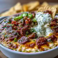 Festive Cinco de Mayo queso dip loaded with chorizo, pico de gallo, and creamy cheese sauce, served with crispy tortilla chips.