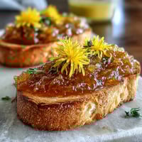 Bright, golden dandelion jelly with fresh lemon and honey, glistening in a glass jar, perfect for springtime breakfasts.