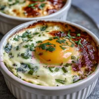 Baked Easter Eggs en Cocotte with herbed cream and parmesan in individual ramekins.  