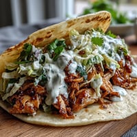 Roasted Chicken Cabbage Tacos with zesty lemon crema and crisp marinated slaw in warm tortillas.  