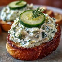 1. Fresh Derby Day Benedictine cucumber canapés with creamy spread on toasted baguette slices, garnished with dill and cucumber.  