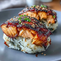 Delicious grilled salmon onigiri with crispy rice exterior and savory salmon filling, perfect for a quick Japanese snack.