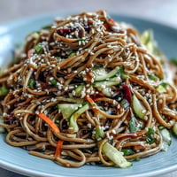 Cold soba noodle salad with sesame ginger dressing, featuring crisp julienned vegetables and toasted sesame seeds.  