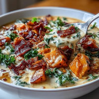 Smoky Sweet Potato Chowder with crispy pancetta and tender kale in a creamy base.  