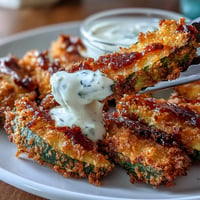 Golden, crispy pickle fries cooling next to a bowl of spicy mayo.