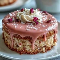Luscious pink rosé velvet cake with shimmering edible gold drip topping.