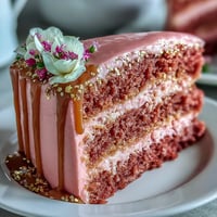 Bridal Shower Rosé Velvet Cake, a stunning blush cake with glossy gold drip.
